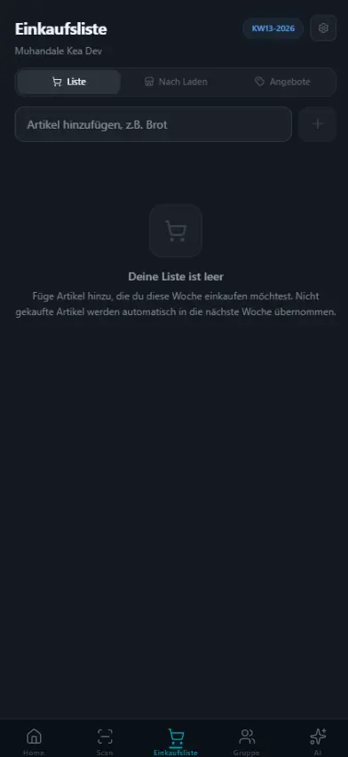 Gemeinsame Einkaufsliste mit Produkten, Mengen und Preisen