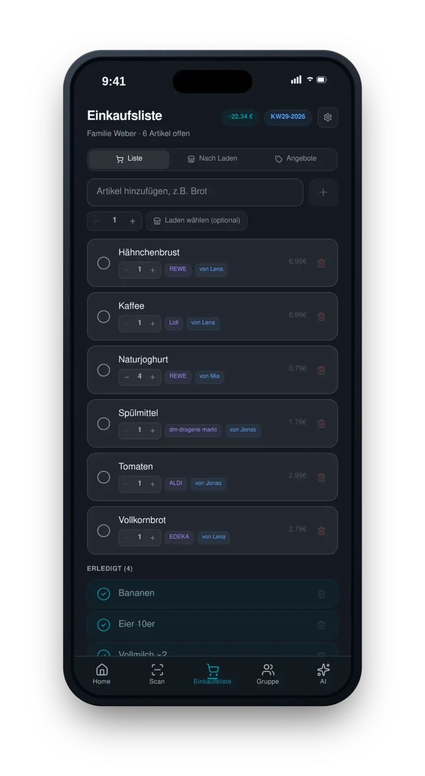 Bonbar App — Einkaufsliste